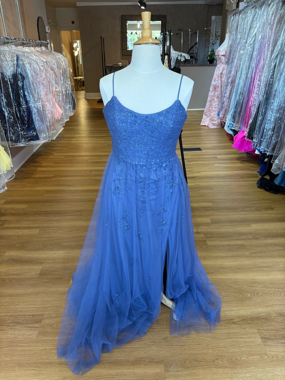 Steel Blue Beaded Tulle Evening Gown